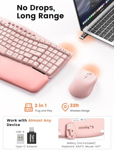 SABLUTE MA61 Wave Keys Combo Ergonomic Wireless Keyboard and Mouse, Pink