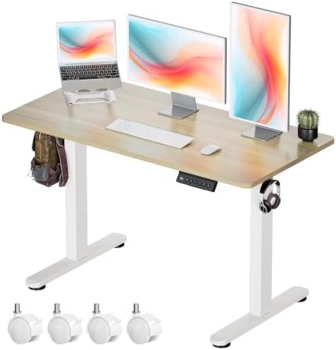 Okin Standing Desk Electric Adjustable Computer Whole Piece Stand up Desk with Wheels Office Gaming Home Office Memory Desks 48x24 inches Cream Pecans