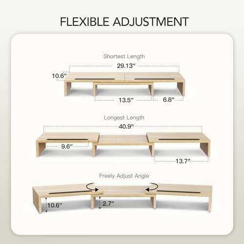 AMERIERGO Dual Monitor Stand Riser- 3 Shelf Screen Stand with Adjustable Length and Angle, 2 Extra Functional Slot Desktop Organizer Stand for PC, Computer, Laptop (Light Wood)