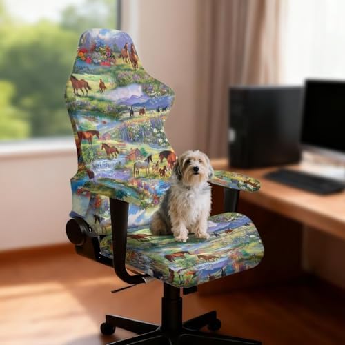 Horse Print Gaming Chair Cover with Armrest Covers Stretchable Breathable Furniture Protector Universal Reclining Racing Gaming Chair