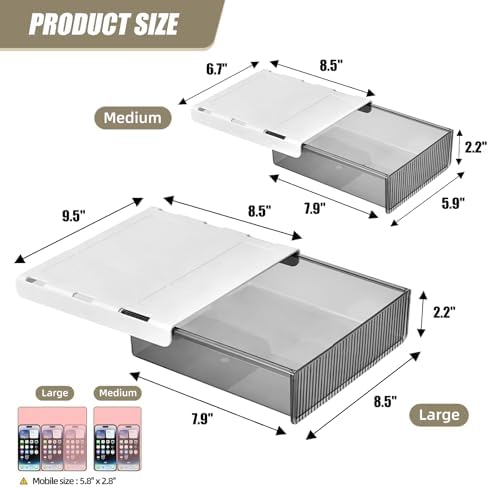 2Pcs Under Desk Storage Drawers Slide Out,Large&Medium, Stick On Desk Drawer Organizer Hidden Under Table Drawer for Home Office School Organization and Storage-Transparent Black