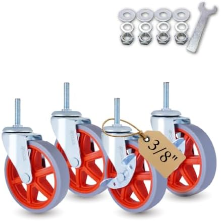 AXL 4 Inch Rubber Threaded Stem Casters, UNC 3/8"-16x1-1/2 Replacement Caster Wheels, Heavy-Duty Swivel Casters for Garment Racks, Laundry Carts, Display Shelving & Janitorial Utility Carts