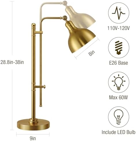 PARTPHONER Industrial Adjustable Desk Lamp for Home Office, Farmhouse Table lamp 29''-38'', Rustic Metal Task Desk Lamp in Brushed Gold Finish, Vintage Reading Lamp for Study Room，Gold