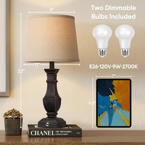 ROTTOGOON Dimmable Table Lamps Set of 2, Rustic Farmhouse Table Lamps for Living Room Bedroom, Bedside Desk Lamps for end Tables, Touch Lamps for nightstand, 9W Bulbs Included, 22", Black