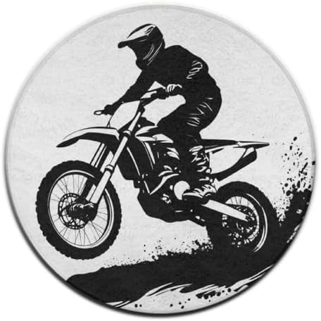 Men's Large Home Decor Mat, Soft Round Yoga Carpet, Non Slip Machine Washable Home Office Circle Rug Motocross Racer Extreme Sports Printed Dirt Bike