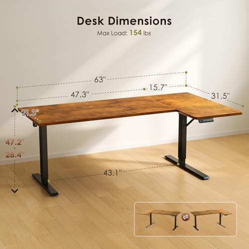 OffiGo 63 Inch Reversible L Shaped Electric Standing Desk, Rustic Brown