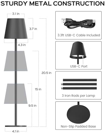 JACKYLED Cordless Table Lamps Rechargeable, 3 Adjustable Height, 5000 Capacity Operated, 3 Colors Smooth Dimming, Portable LED Waterproof Table Lamp for Dining, Bedroom, Outdoor- Black
