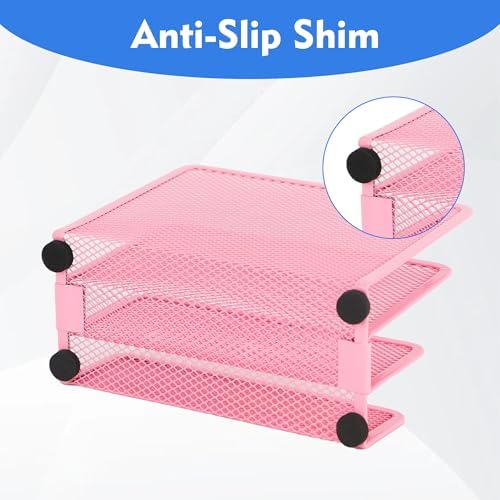 EASEPRES Desk Mail Organizer, Office Small Desktop Metal Mesh Envelope Letter Sorter Paper File Holder Organizer with 3 Vertical Upright Compartments, Pink 2 Pack