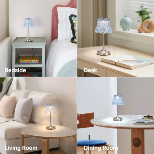 Shenmoyl Cordless Touch Table Lamp with 5200mAh Battery - 3 Adjustable Color Temperatures & Dimmable, Rechargeable Lamp for Bedroom, Living Room, Office, Entryway, Bookshelves (Clear Light Blue Rose)
