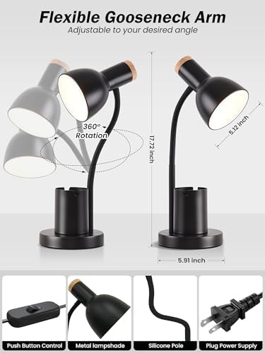LED Desk Lamp for Home Office, Table Lamp with Pen Holder, 3 Color Modes Reading Light, Eye-Caring Desk Light with Gooseneck, Metal Study Lamp for Dorm Bedside Bedroom (Black Lamp)