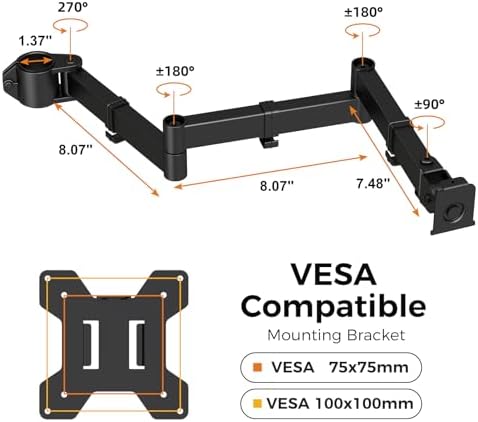 suptek Single Monitor Arm, Universal 3 Tier Arm Fully Adjustable Pole Mount Bracket Monitor Mounting for 13 to 27 inch Screen, Weight up to 22lbs, Mounting Holes 75x75mm to 100x100mm,Black