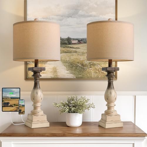 BOBOMOMO 27" Farmhouse Table Lamps with USB-A +C Ports, Vintage Rustic Side Table Lamps Set of 2, Linen Shade, Retro Bedside Night Stand Lamps for Living Room, Bedroom (Blubs not Included)