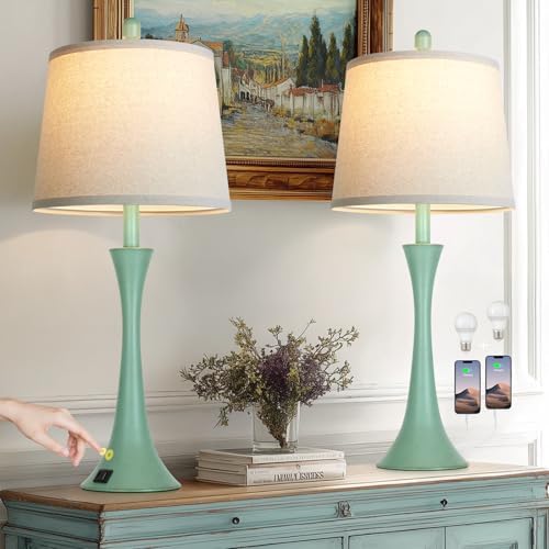 Rinweey Coastal Modern Green Table Lamps Set of 2 for Living Room, 27.5" Tall Bedside Lamp with USB Charging Port,3-Way Dimmable Touch Nightstand Lamp for Bedroom Desk Side Table Office,Green