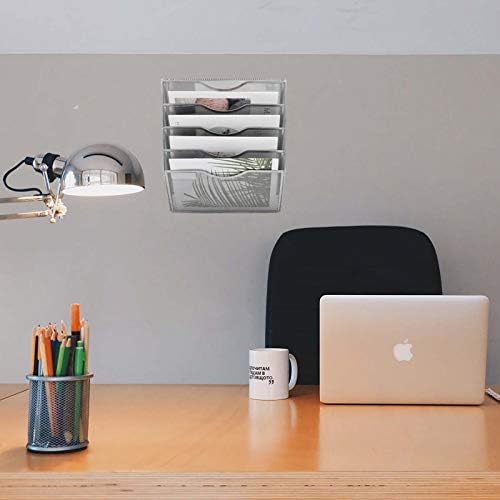 EASEPRES 5 Pocket Mesh Hanging Wall File Organizer, Wall Mounted Mail Paper Document Folder Holder, Clipboard Storage Organization Magazine Rack with Nametag Label for Office Home School, Silver