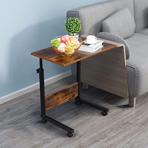 TV Tray Bed Side Table, Portable Rolling Desk Hospital Bed Laptop Table, Small Standing Desk with Wheels Adjustable Height for Sofa, Bedside, Tablet Use, Secure Non Tilt, 23.6" W, Brown