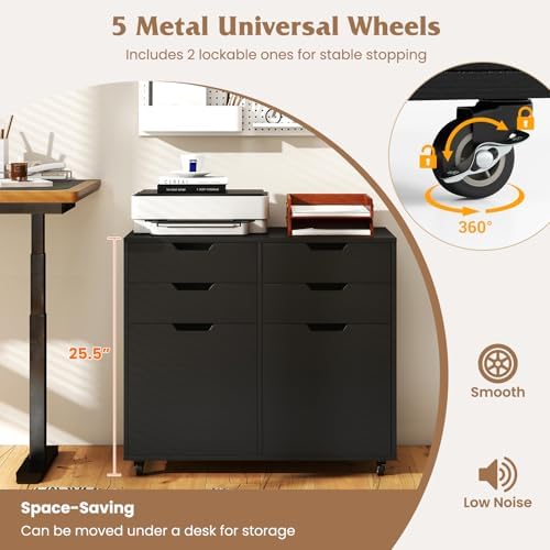 GIANTEX 4-Drawer File Cabinet, Rolling Printer Stand with 2 Lockable Wheels, Wooden Lateral Filing Cabinet, Load 298 Lbs, Under Desk Craft Storage Organizer for Home Office Organization (Black)