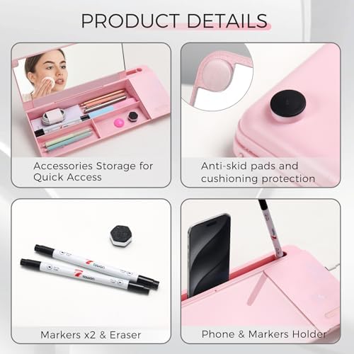 TOWON Glass Desk Whiteboard 17x6 in, Wireless Charger and Storage, Pink