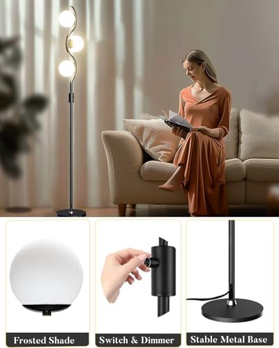 Lightdot 60IN Dimmable Black Floor Lamp Mid Century Standing Lamps with 3 Globe Soft Warm White 3000K Bulbs Included Modern Tall Lamp with 5Lbs Heavy Base for Living Room/Bedroom/Sofa Beside