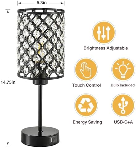 Crystal Table Lamp, Black Touch Lamp with USB C+A Port, 3-Way Dimmable