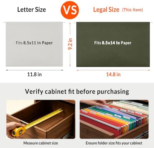 SUNEE Legal Size Hanging File Folders (9.2"x14.8"), 25 Pack Reinforced Hang Folders, Adjustable 1/5-Cut Tabs, Designed for Bulky Files, Filing Cabinet, Standard Green