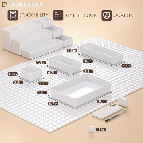 White Desk Drawer Organizer Trays: 9PC Shallow Vanity Bathroom Organizers