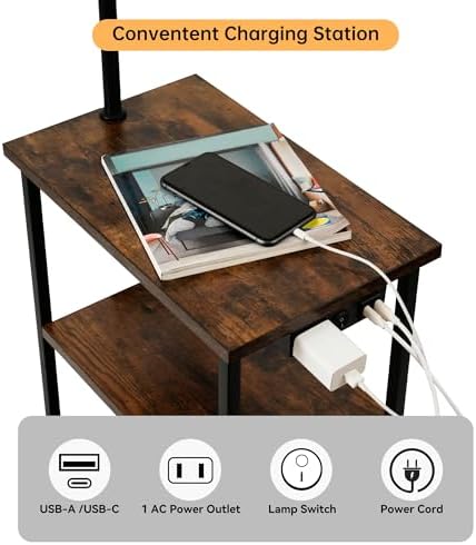 Qupui Floor Lamp with Table, USB Charging, Fabric Basket, Brown