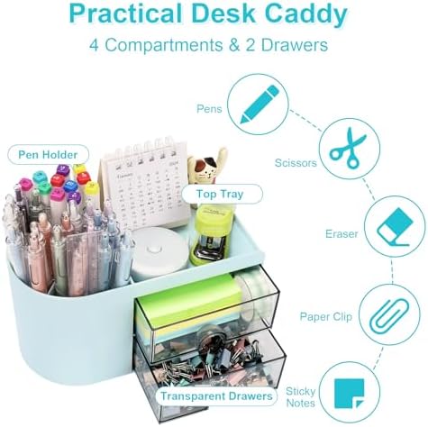 Meiikun Desk Organizer with Drawer, Pen Organizer for Desk, Small Pencil Holder, Desk Organizers and Accessories for Office Home Storage (2 Drawers+4 Compartments, Blue)