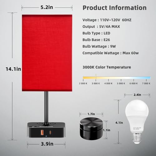 Bedroom Nightstand Lamp with Charger, Touch Table Lamps with Remote Control