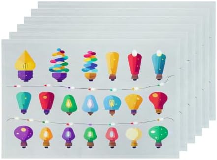 Shrahala Christmas Lights Set Set of 6 12 X 18 Inch Linen Placemats, Colorful Holiday Lightbulb Burlap Table Mat Washable Double Layered Heat Insulation for Indoor