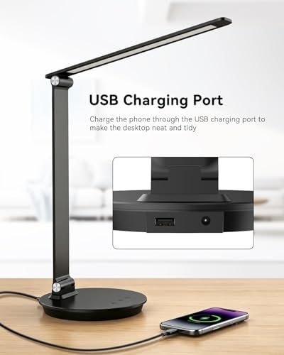 LED Desk Lamp with USB Charging Port, Touch Control, 6 Brightness Levels 6 Color Temperatures, Eye-Caring Desk Light with 1-Hour Timer, Adjustable Foldable Lamp for Home Office, Bedroom, Study