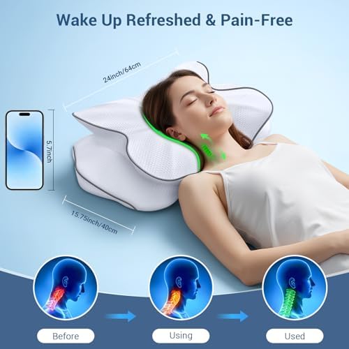 AZBESTPRO Memory Foam Cervical Pillow for Neck Support & Pain Relief, Butterfly Ergonomic Design – 24×15.75×5.7 Inches, Removable 100% Polyester Pillowcase, Suitable for Side & Back Sleepers (Grey)