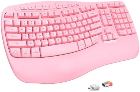 MEETION Wireless Ergonomic Keyboard, Wave Keys with Wrist Rest, Pink
