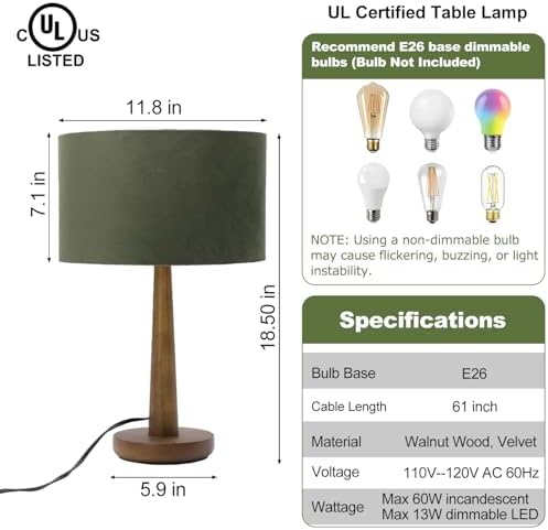 18.5" Modern Dimmable Walnut Wood Table Lamp with Velvet Shade, Green