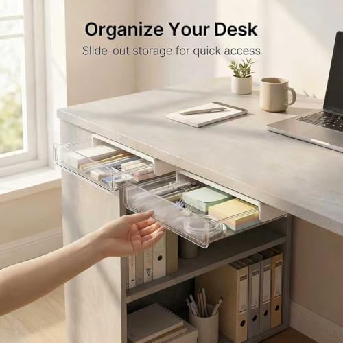 OSPNIEEK Self-adhesive Under Desk Drawer Organizer, 2 Pack Table Hidden Slide Out Large Storage Mounted Desktop Pencil Holder Tray Drawers for Office Home School Stationery Kitchen (Large, White)