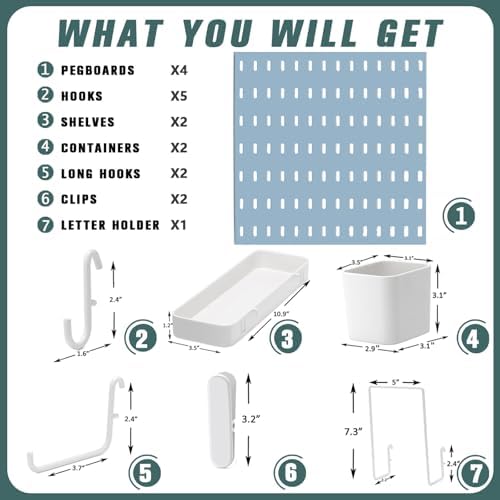 MULSAME Pegboard Combination Kit, Wall Mounted Storage Set with 4 Pegboards & 14 Accessories Hanging, Blue Peg Boards Organizer for Walls Display, Crafts Organization, Kitchen Organizer, 22" x 22"