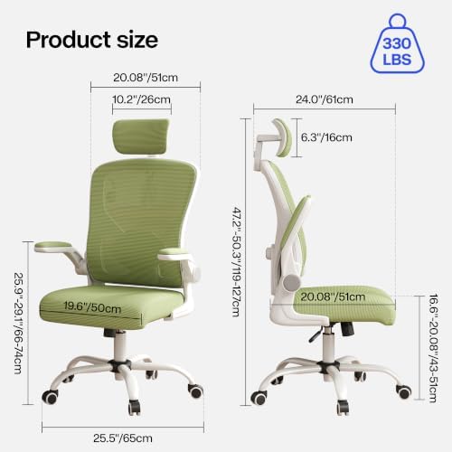 Office Chair, Ergonomic Desk Chair with Adjustable Lumbar Support, High Back Mesh Computer Chair and Headrest, Comfortable Gaming Chairs Rolling Swivel Task Chairs Flip-up Arms(Green)