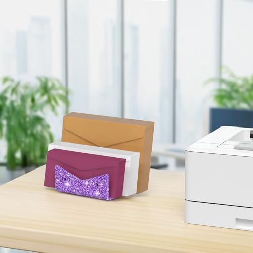 Mail Organizer Envelope Holder - 3 Compartments Glitter Purple Acrylic Mail Holder Countertop Vertical Desk Organizer Small File Bill Document Notebook Letter Sorter for Home School Office