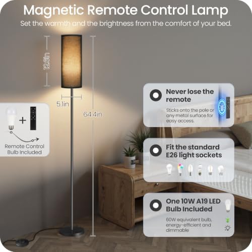 Dimmable Black Floor Lamp for Living Room with Remote and Foot Switch, Corner Floor Lamp for Bedroom, Modern Standing Tall Lamp, 10W 900LM Bulb Included, 3000K-6500K, Linen Shade, FCC Listed B06LD05W1