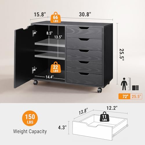 DEVAISE 5-Drawer Wood Drawer Cabinet, Office Storage Cabinet, Black