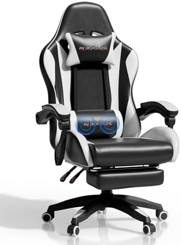 Mr IRONSTONE Black Gaming Chair with Footrest, Ergonomic High Back Gamer Chair with Massage Lumbar Support, Reclining Video Game Chair with Adjustable Headrest, Swivel Computer Desk Chair