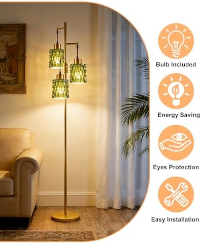 Lightdot Green Glass Floor Lamp Farmhouse Mid Century Standing Tall Lamp