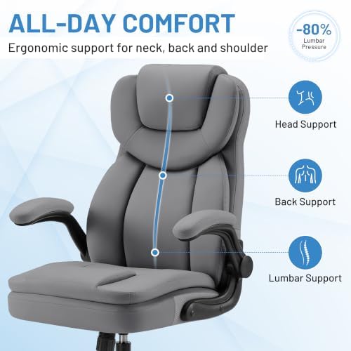 Ergonomic PU Leather Office Chair with Double-Layer Seat Cushion, Adjustable Armrest and Headrest, Reclining Backrest 360° Swivel Rolling Computer Desk Chair for Home Office Gaming Space, Gray