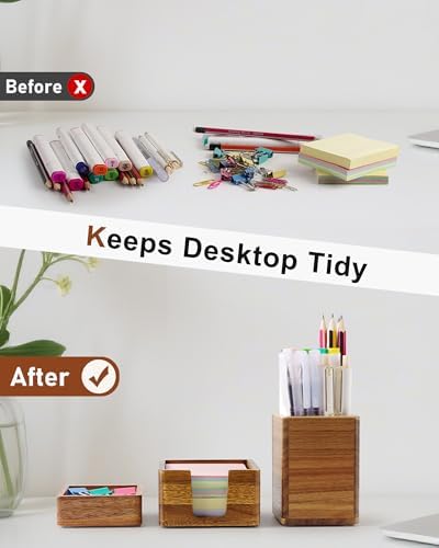 Acacia Wood Desk Organizer Set with Sticky Note Holder, Pencil Pen Cup & Paper Clip Storage, Office Desk Accessories for Marker Craft (Set of 3)