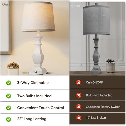 ROTTOGOON Dimmable Table Lamps Set of 2, Rustic Farmhouse Table Lamps for Living Room Bedroom, Bedside Desk Lamps for end Tables, Touch Lamps for nightstand, 9W Bulbs Included, 22", White