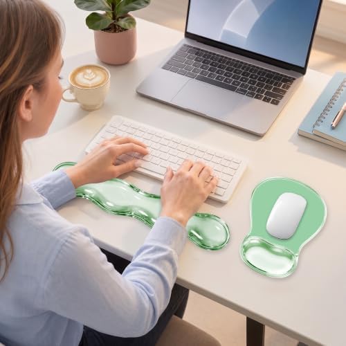 Keyboard Wrist Rest & Ergonomic Mouse Pad with Wrist Rest Set, Cute Transparent Gel Wrist Rest for Keyboard and Mouse, Soft Support for Pain Relief, Office, Gaming Desk Accessories（Green）