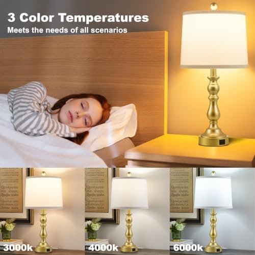 Gold Table Lamps Set of 2, Gold Lamps for Bedroom, USB C+A Ports