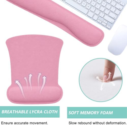 Keyboard Wrist Rest Pad Mouse Pad with Wrist Support Set of 3, Gaming Mousepad with Non-Slip Rubber Base, Ergonomic Memory Foam Mouse Cushion Support for Home Office Laptop Computer, Pink