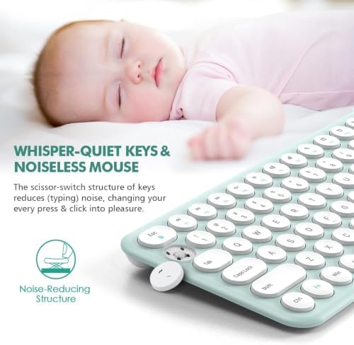 Wireless Keyboard and Mouse Combo,XTREMTEC 2.4GHz Quiet Slim Cute Round Keycap Compact Size Green Kawaii Cordless Retro Keyboard Mouse Set Home Office Accessories for Mac/Windows(Macaron Green)