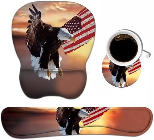 Ergonomic Mouse Pad Wrist Support and Keyboard Wrist Rest Set with Coasters, Non-Slip PU Base, Easy Typing & Pain Relief, Perfect for Home Office Working Studying, Patriotic American Flag Bald Eagle