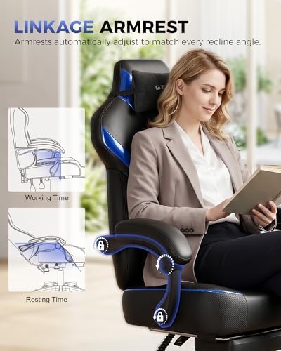 GTPLAYER Big and Tall Gaming Chair with Footrest, High Back Ergonomic Office Chair for Adults, Heavy Duty 350 lbs Capacity, Premium Leather & Iridescent Trim, ACE-Armor, Blue